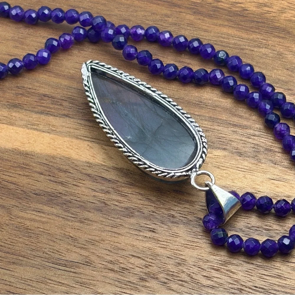 Purple Labradorite Pendant Necklace Boho Southwest Sterling Silver 925 Overlay - Picture 6 of 8